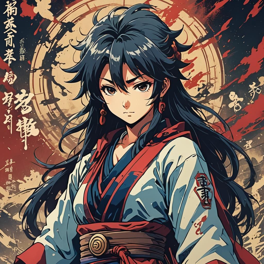 Samurai Kanji Retro Anime-Style Illustration