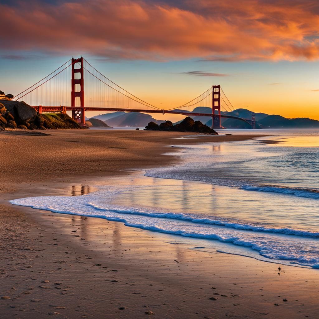 Golden Gate Bridge at Sunrise Beach View