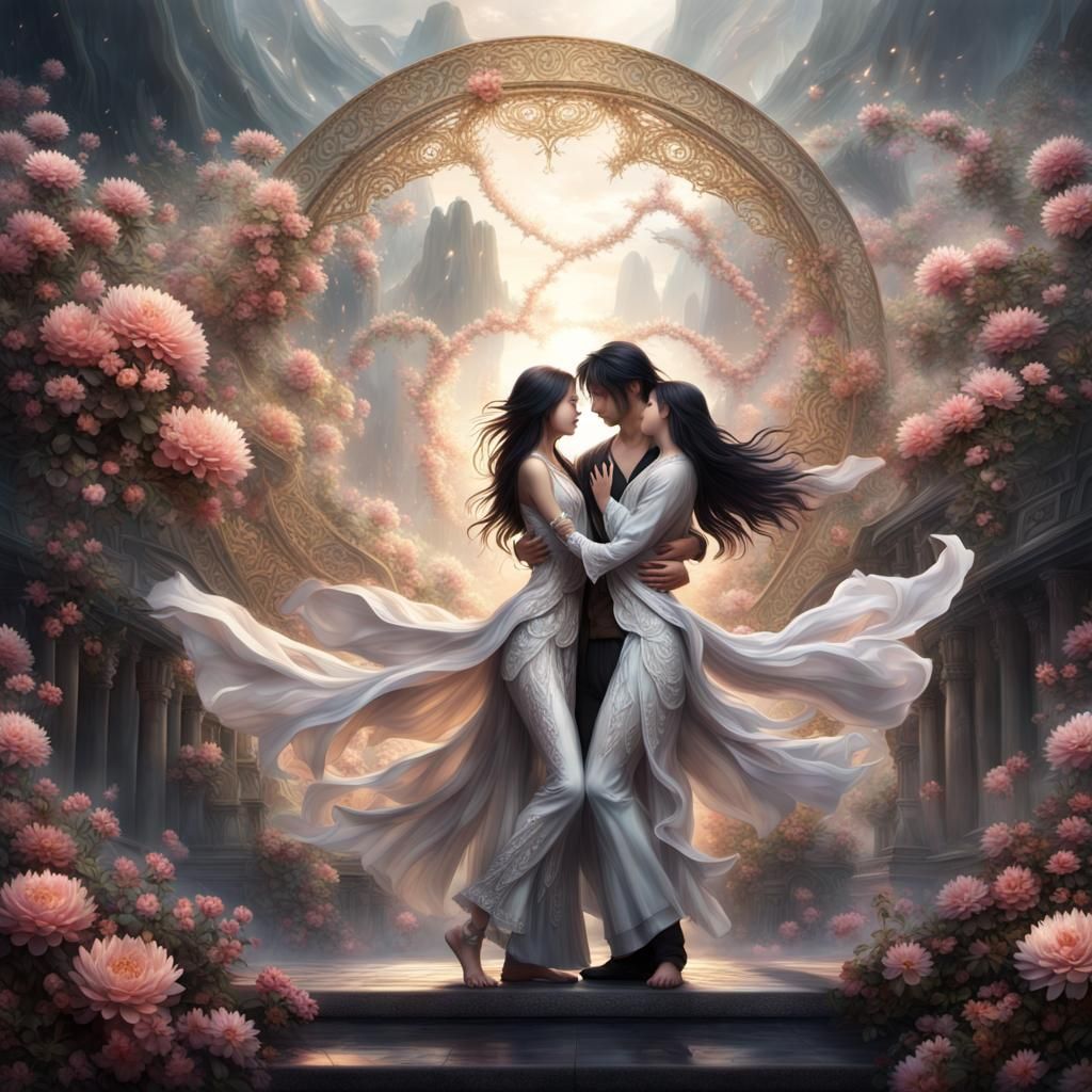 yen and yang, feminine and masculine,  twin flames dancing for eternity, mystical, floral, perfect proportions. Detailed...