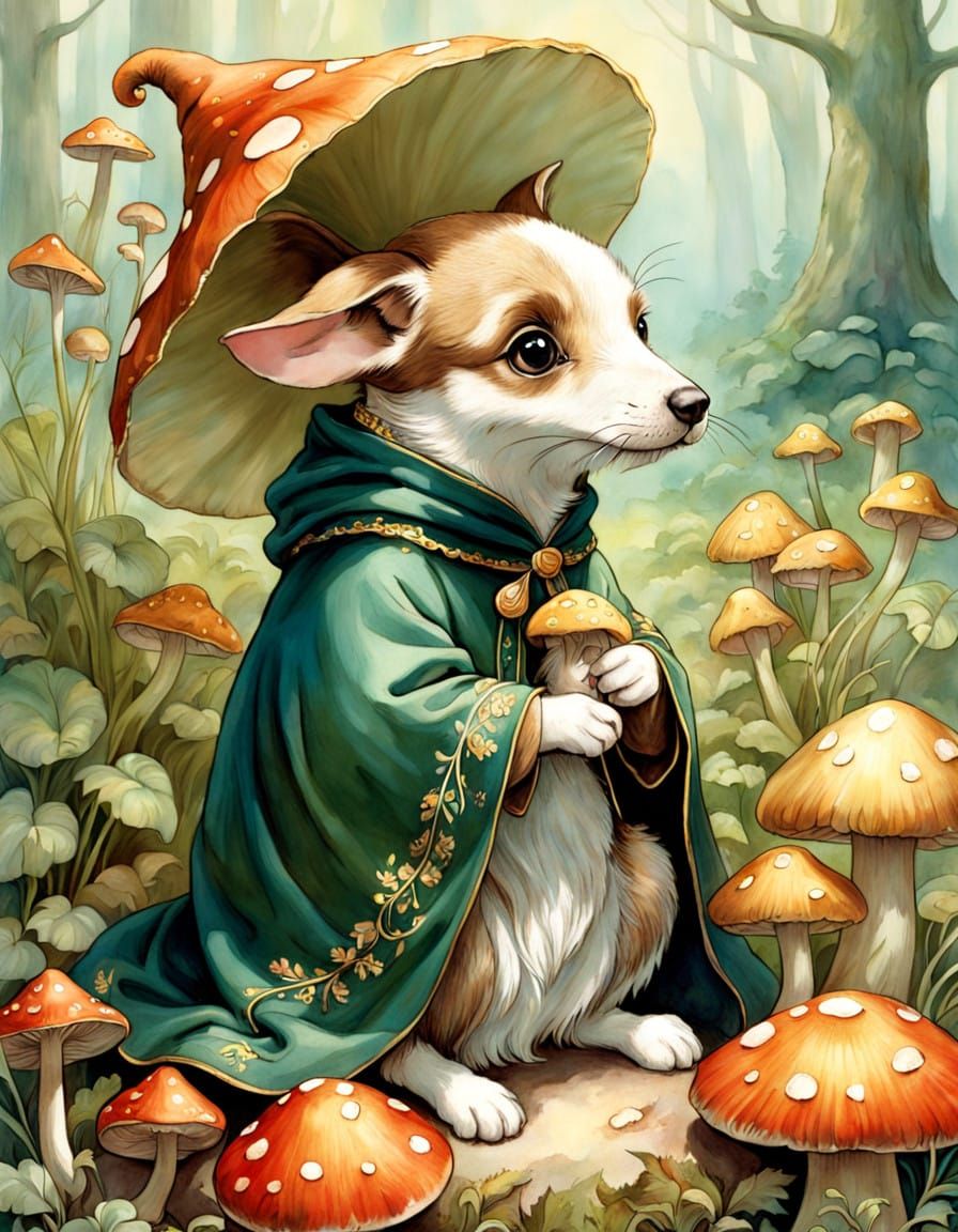 Whimsical Puppy in Golden Cloak Amidst Glowing Mushrooms
