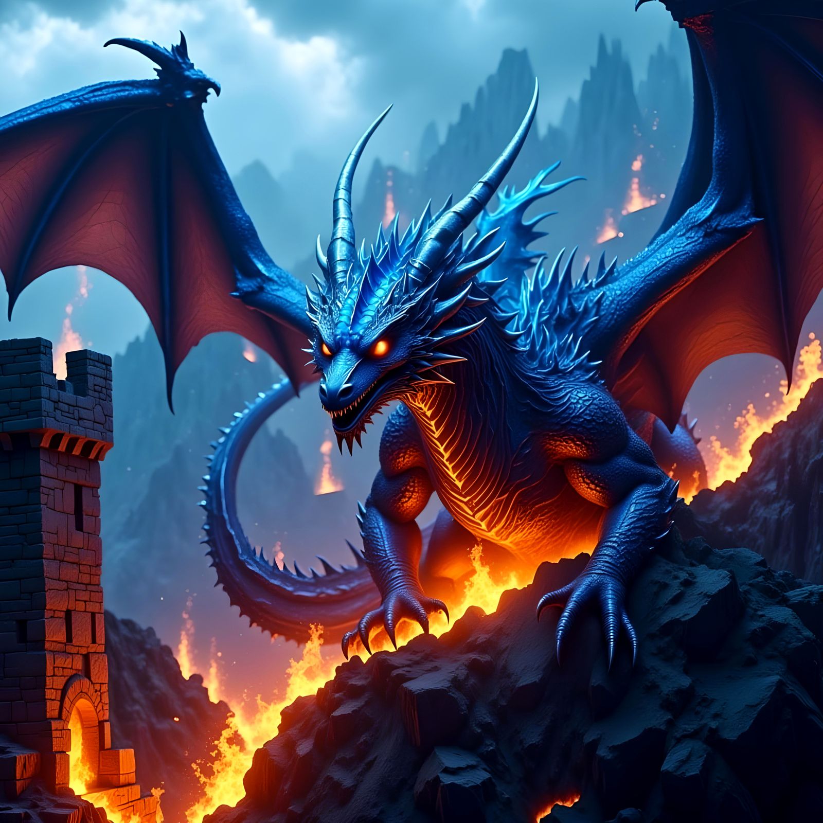 Evil Blue Dragon's Castle Attack: Detailed Matte Painting