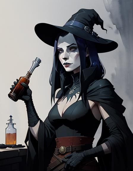 Gothic Witch Brewing Potions in Watercolour Style