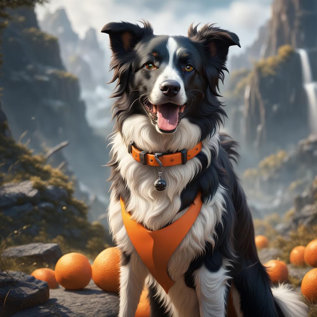 Border Collie with Orange Collar in Detailed Matte Painting