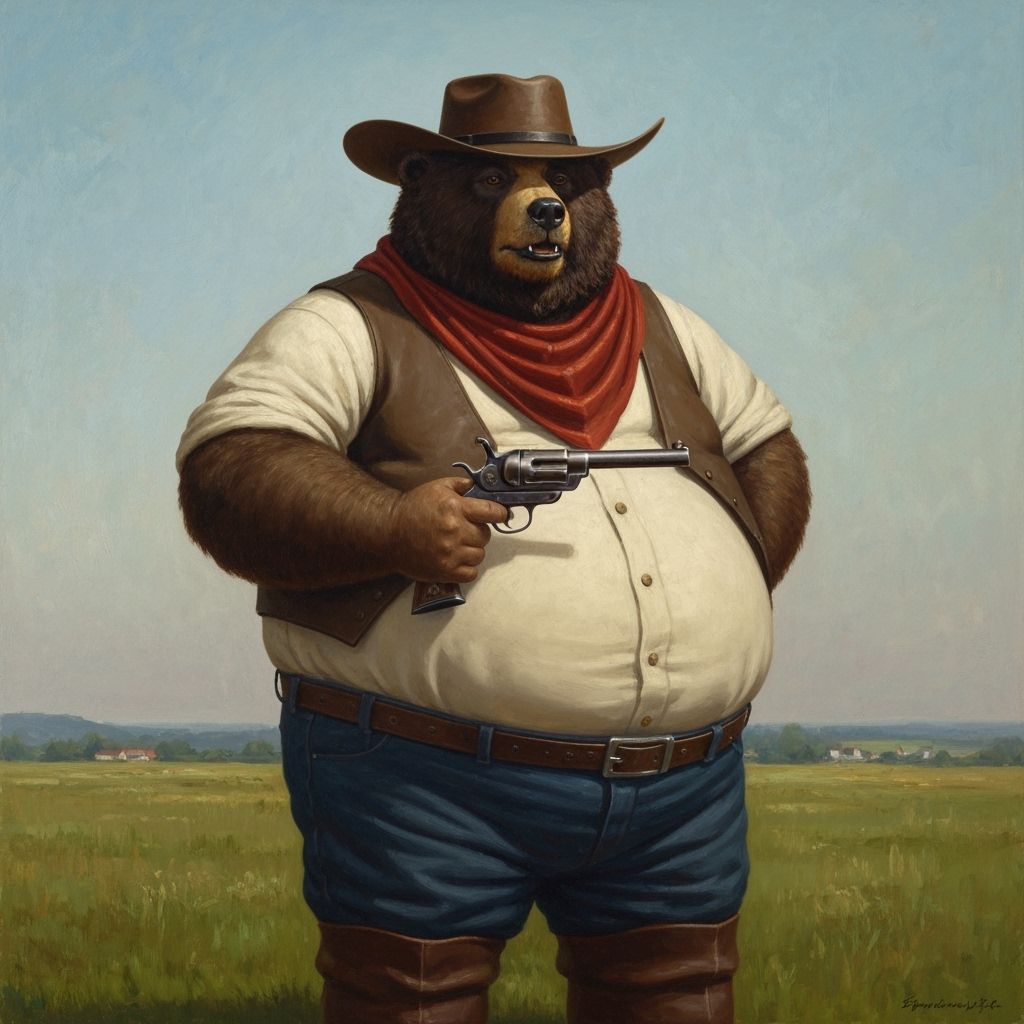 Obese Bear Cowboy with Colt Dragoon Pistol Oil Painting