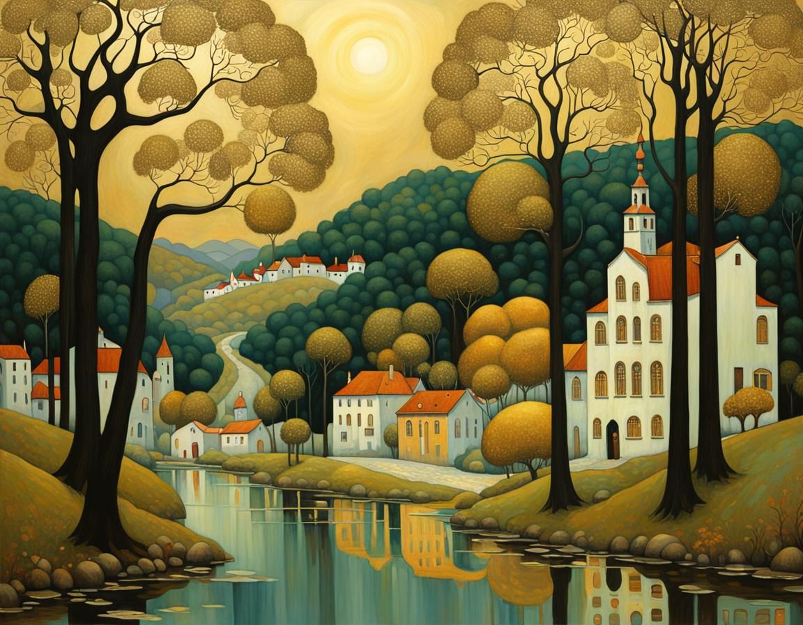 Art Deco Town Landscape with Gold Accents