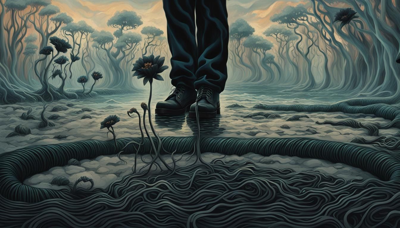 Eerie Bioluminescent Flower Entwined on Man in Dark Fantasy