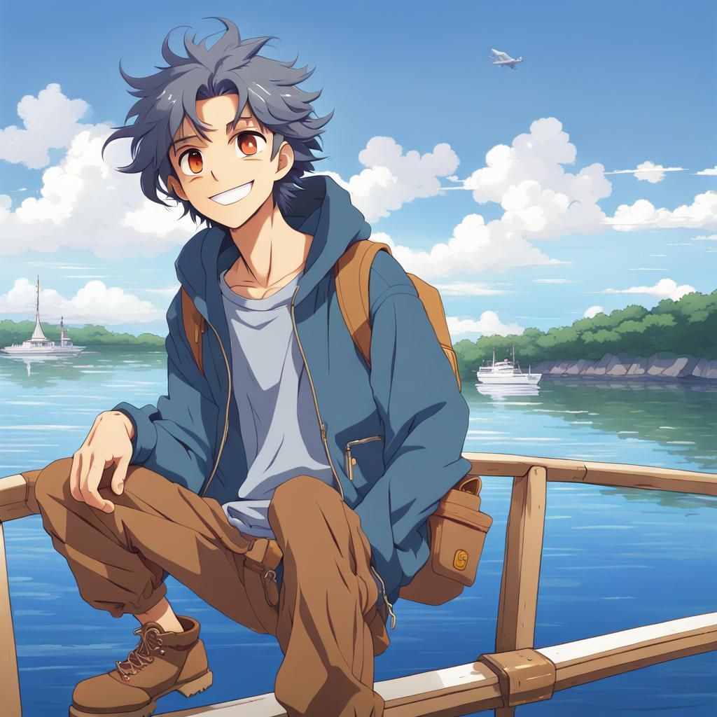 Young Man on Boat in 90s Anime Style