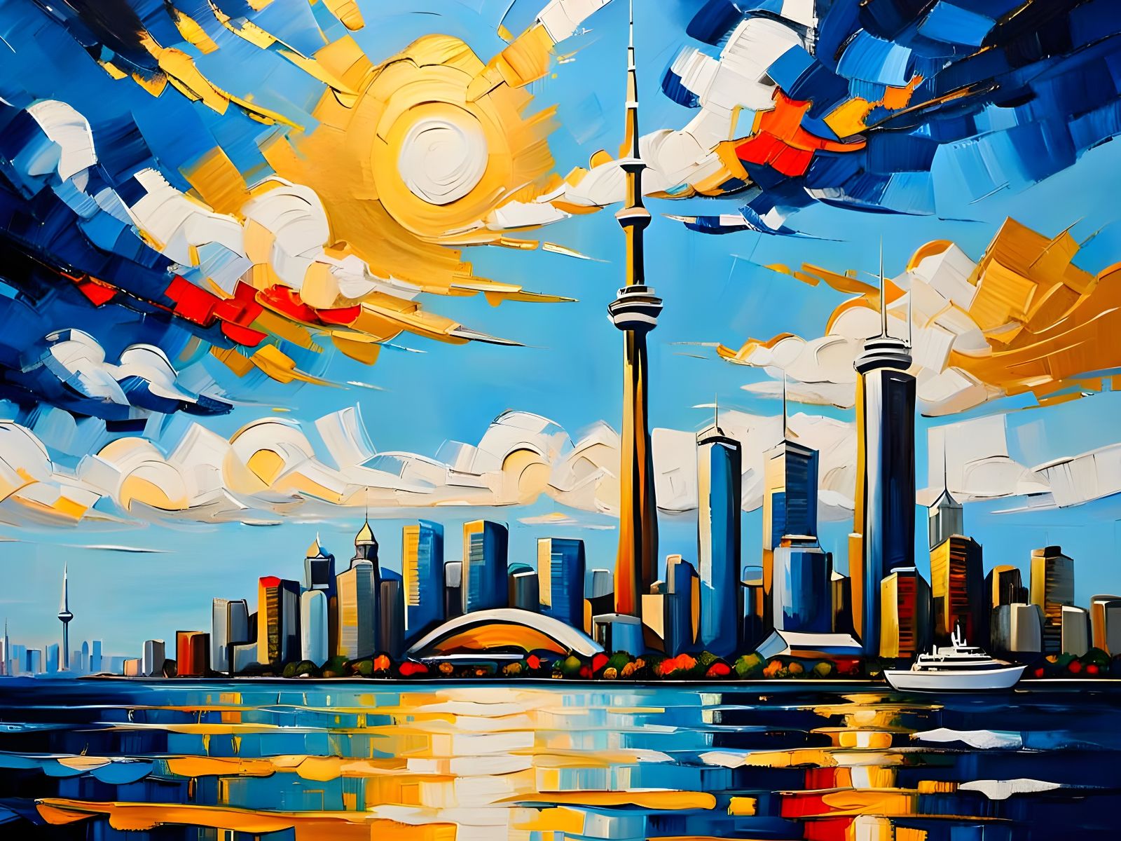 Toronto Skyline: Abstract Impasto Painting with Gold Outline...