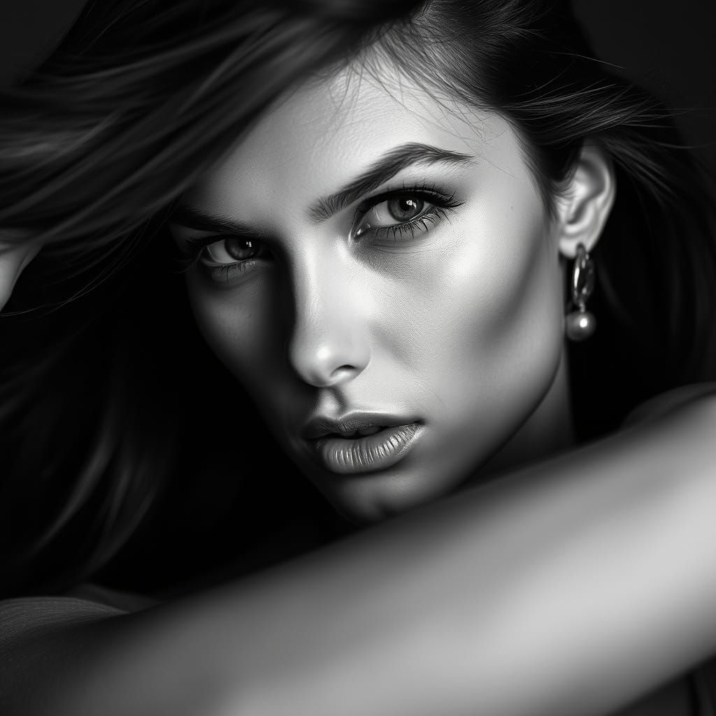High-Fashion Supermodel in Dramatic Black and White Close-Up