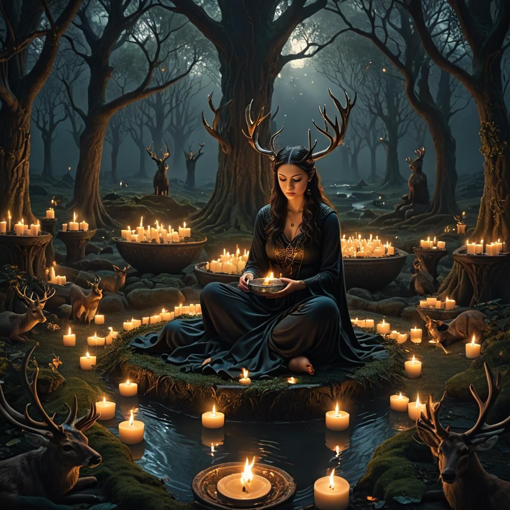 Celtic Goddess in Candlelit Grove: Digital Matte Painting