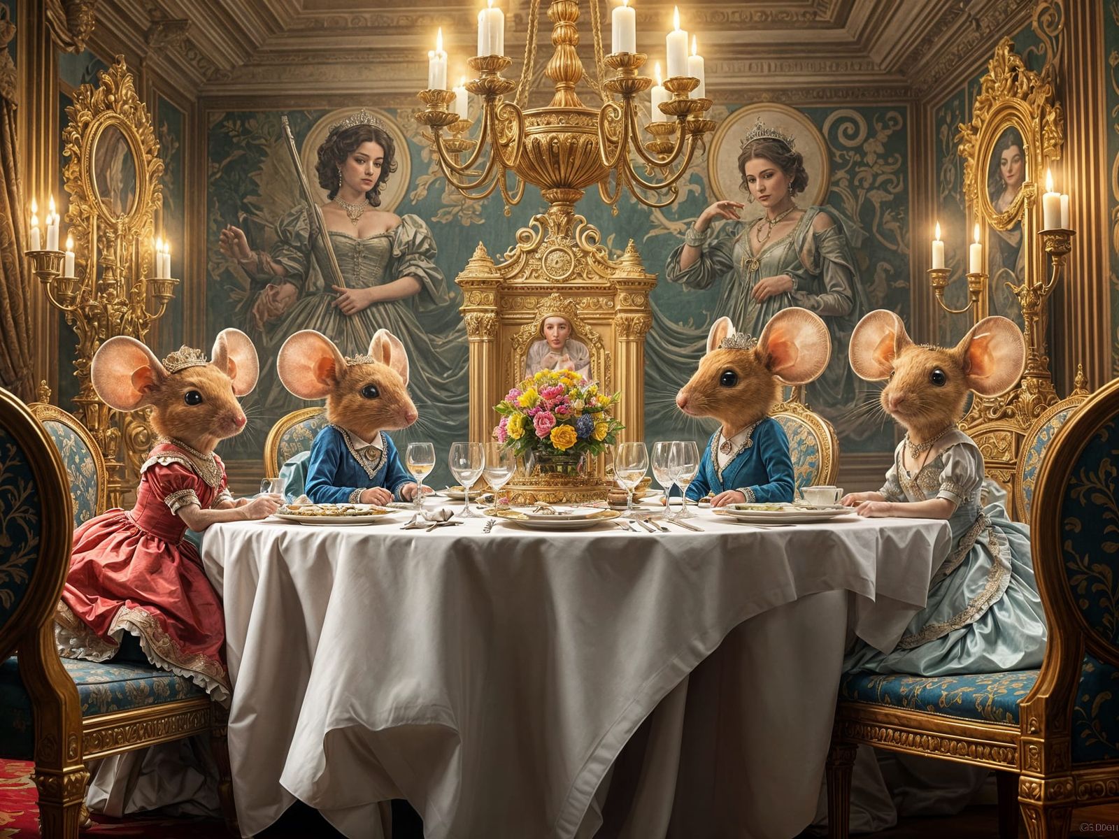 Mice in Royal Court Attire Dine in Opulent Palace Setting