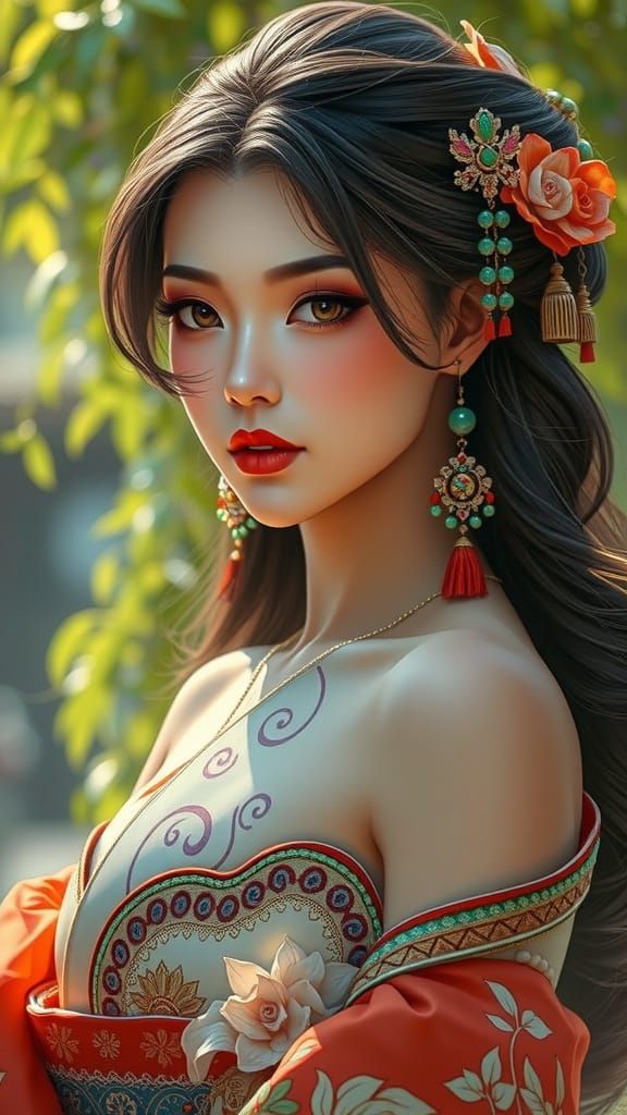 Yae Miko in Ornate Attire with Flawless Skin