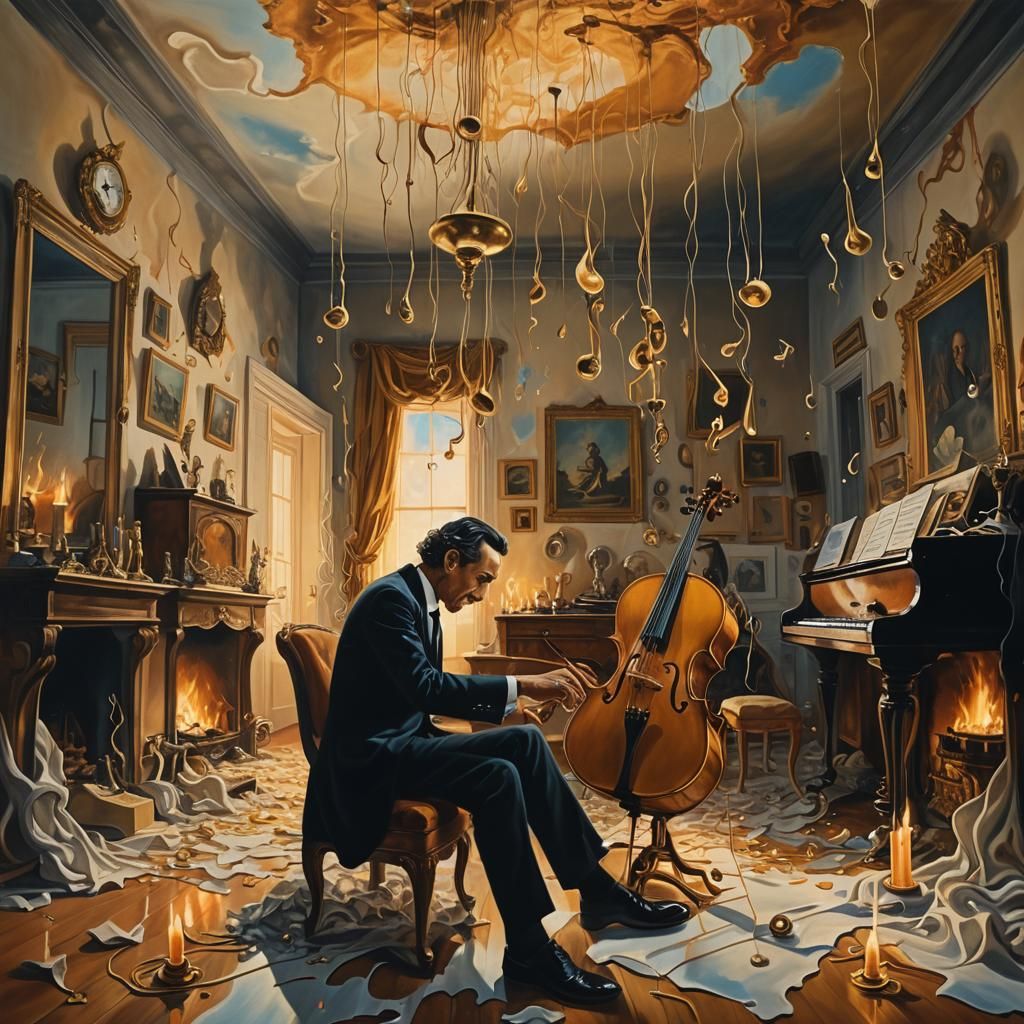 Surreal Musician Sweeping Strings in Dreamlike Room