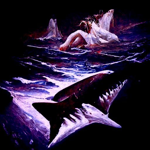 Dramatic Shark Encounter at Sea, Oil Painting