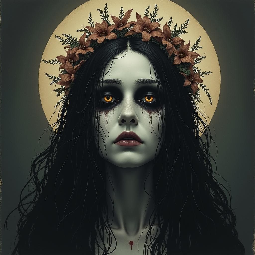 Demonic La Llorona with Wilted Flowers in Engraving Style