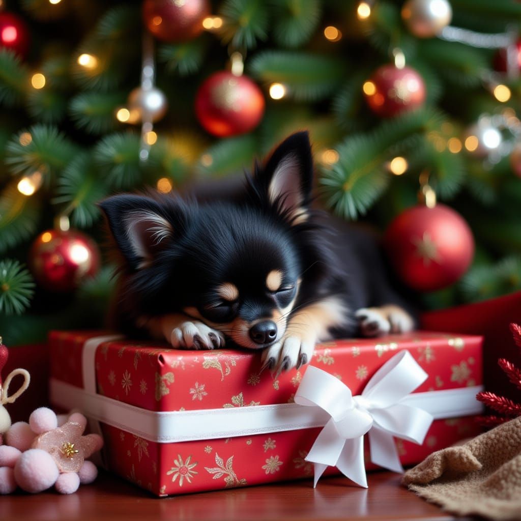 Fluffy Chihuahua Sleeps on Christmas Gift Box