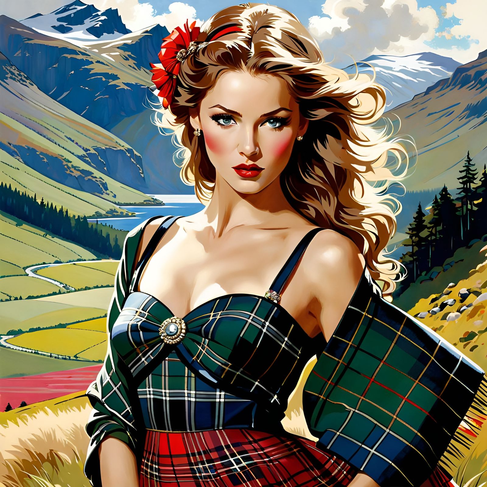 Glamorous Fashion Model in Tartan Dress, Art Nouveau Style