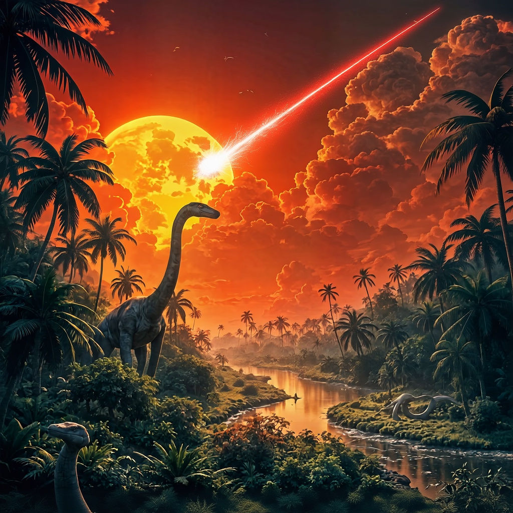Prehistoric Jungle Sunset with Brachiosaurus in Hyperrealism