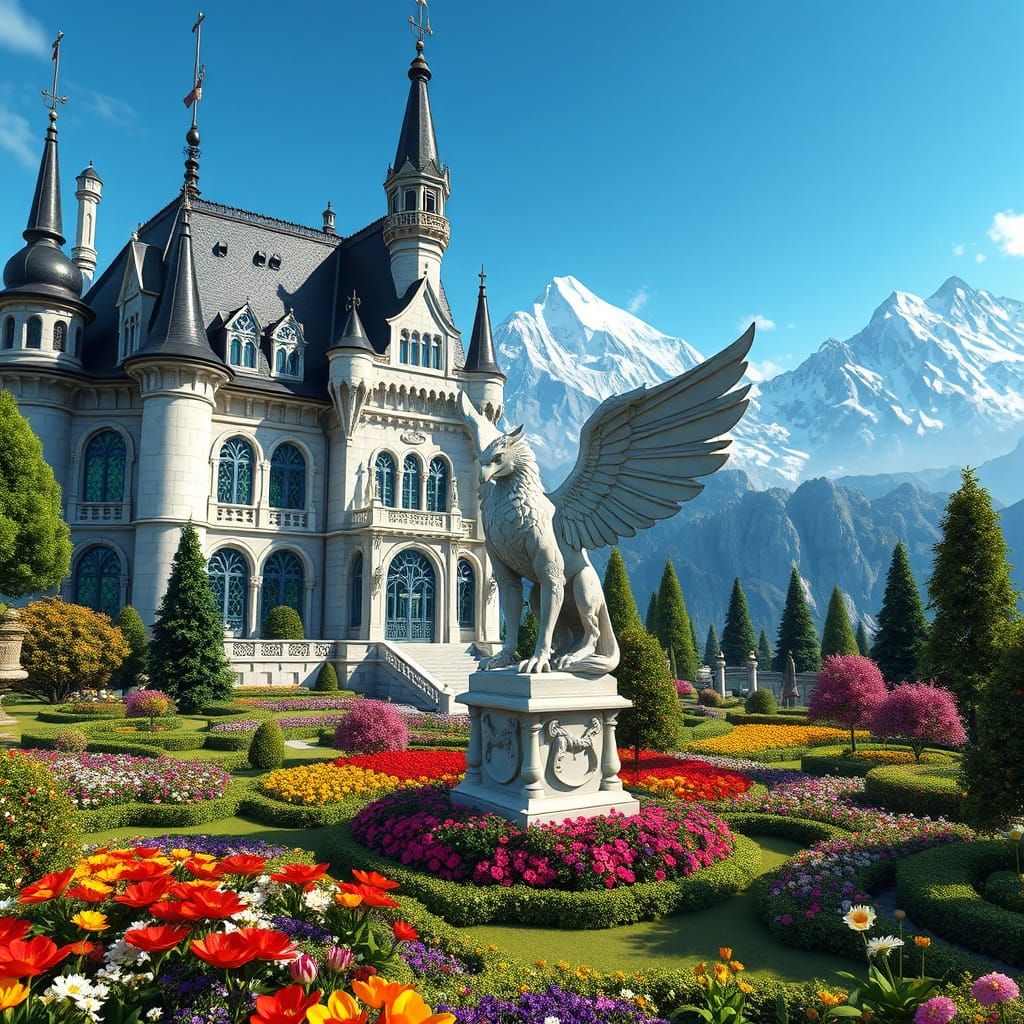 Ethereal Castle in Vibrant Garden, Griffins, and Snow-Capped...