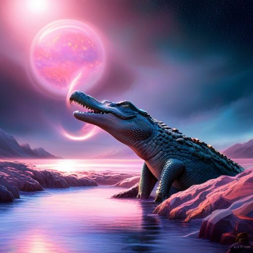 Hyperrealistic Crocodile in a Pastel Maximalist Scene