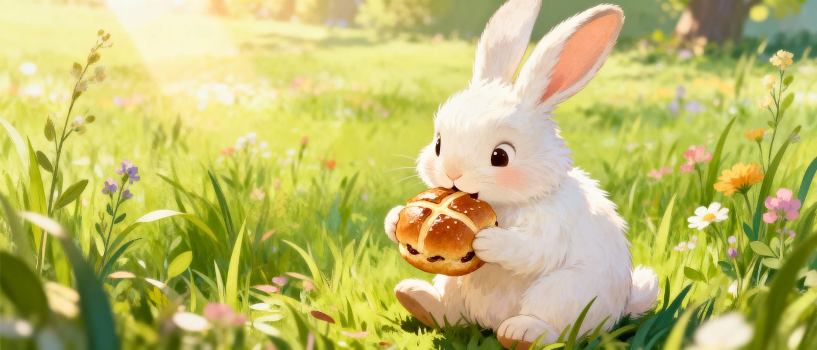 Fluffy Bunny Eats Hot Cross Bun in Spring Meadow