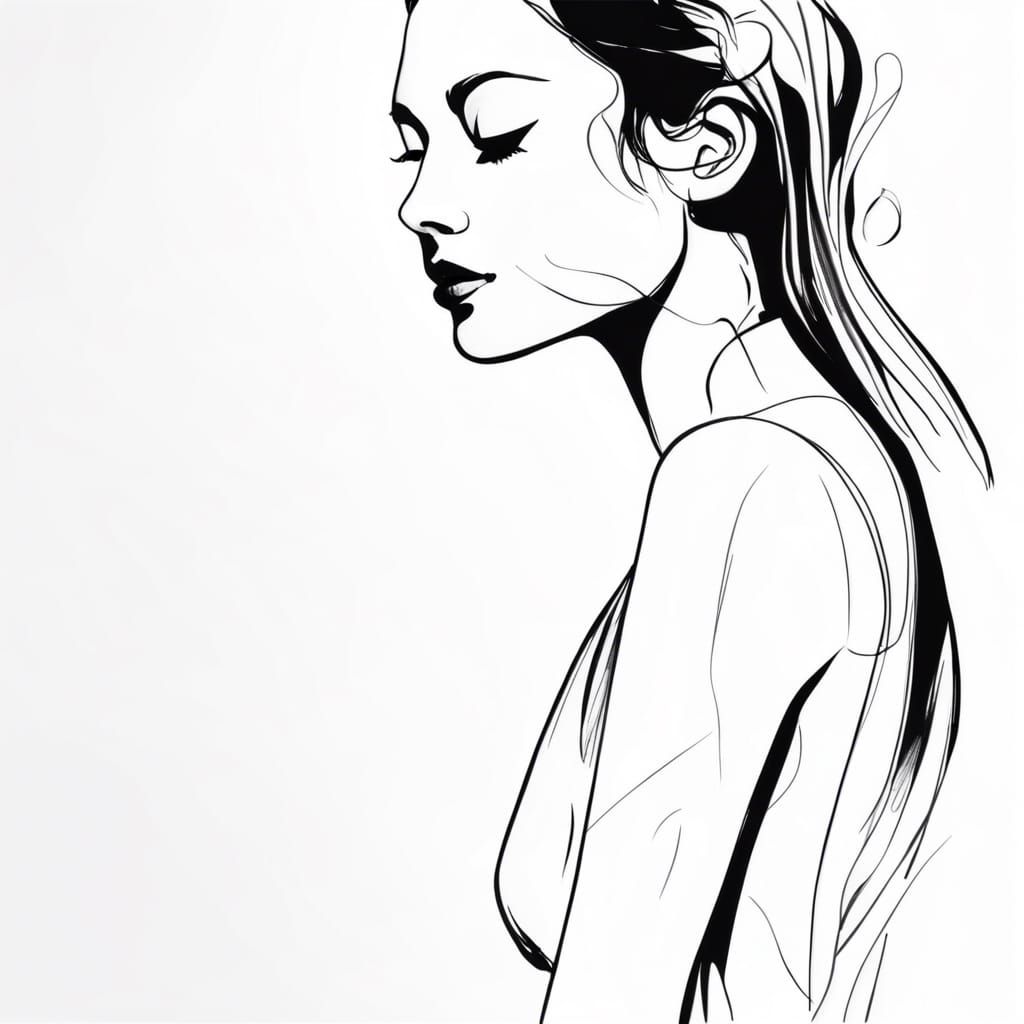 Elegant Woman: Minimalist Ink Drawing in Ukiyo-e Style