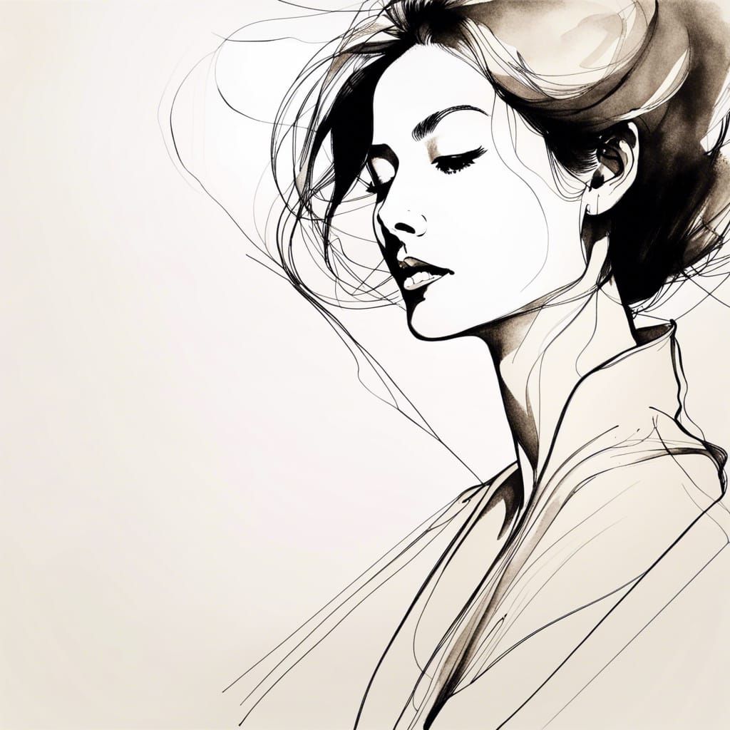 Minimalist Ink Drawing of a Beautiful Woman