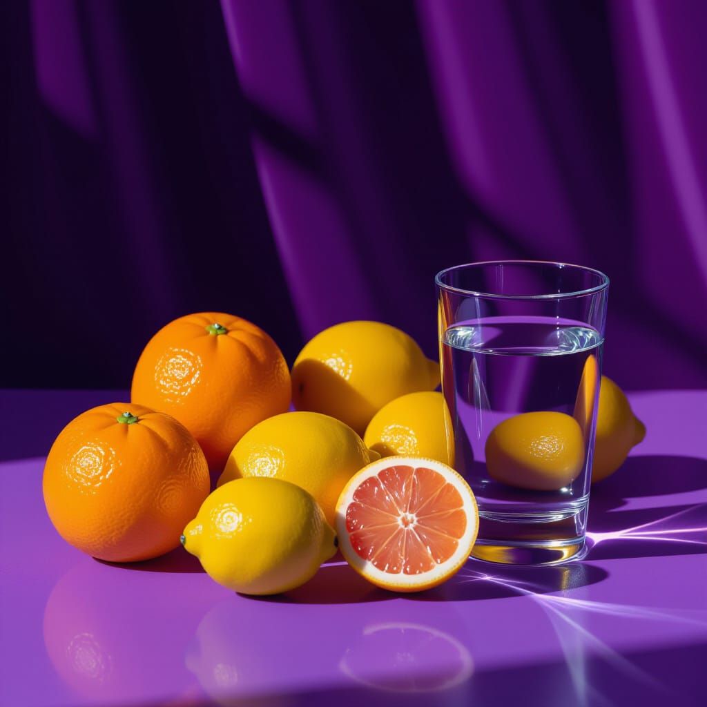 Vibrant Citrus Fruits Beside Glass of Water