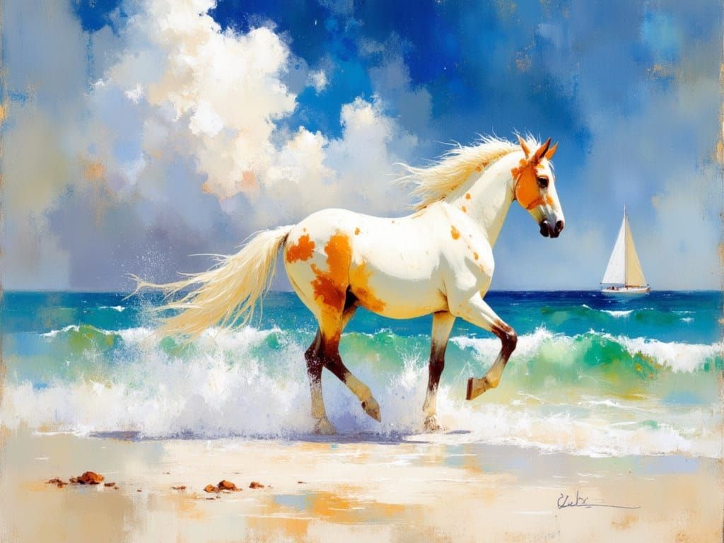 Impressionist Horses Galloping on a White Sandy Beach