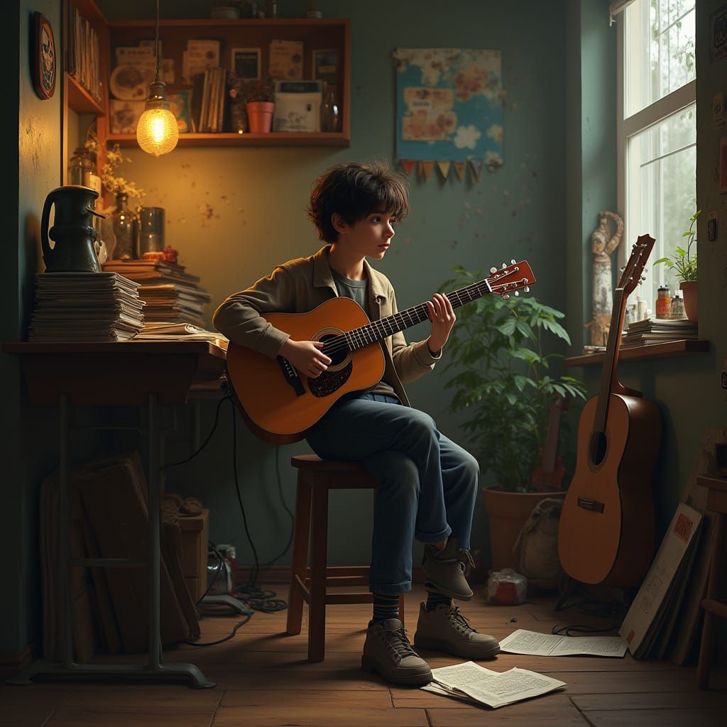 Young Musician Lost in Thought in Futuristic Music Room