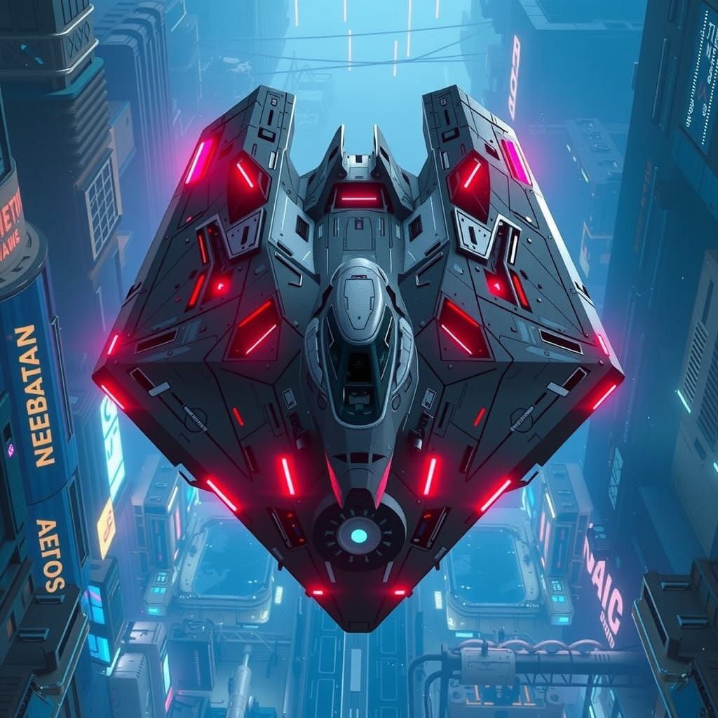 Cyberpunk Spaceship with Futuristic Trapezoidal Design