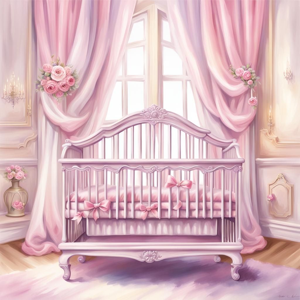 Clean Oil Painted Airbrush illustration,
Cute Romantic baby Girl crib, Nursery Style, Pastel Pink Purple and Creamy Col...