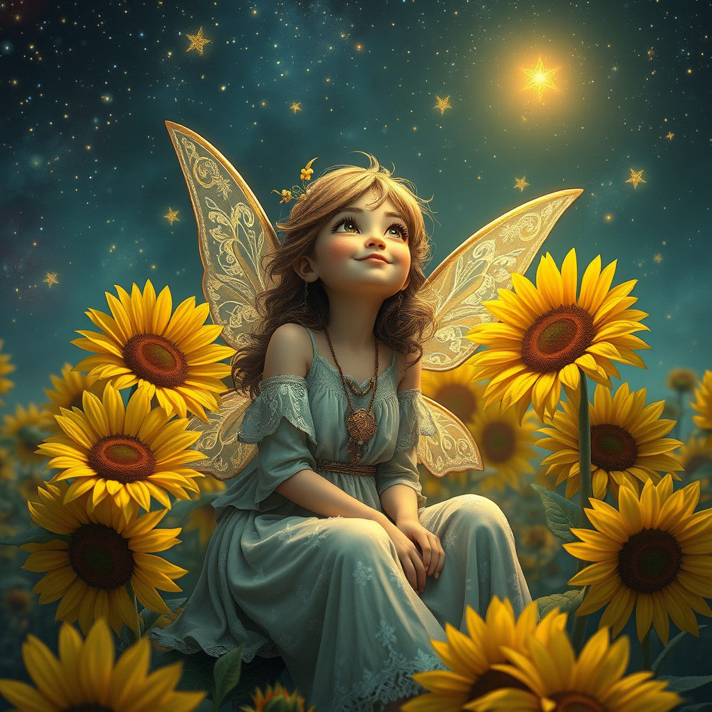 Whimsical Pixie in Sunflower Garden Under Starry Sky