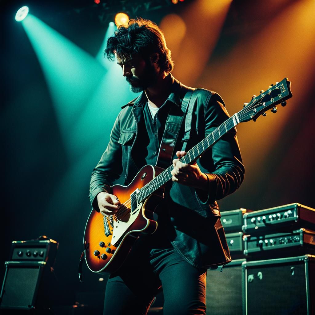 Dramatic Film Still of Guitarist on Stage
