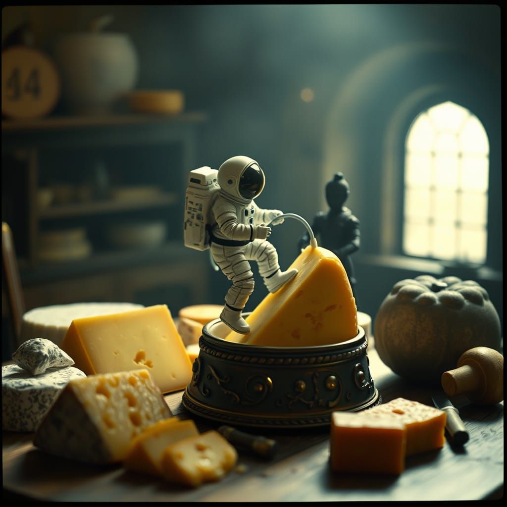 Miniature Astronaut Climbs Cheddar Cheese in Ornate English ...