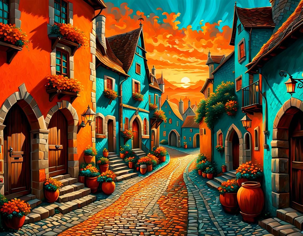 Quiet Village - orange and teal