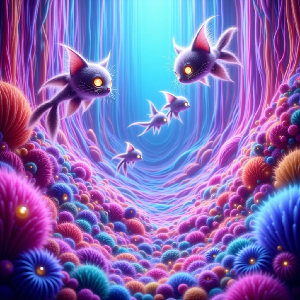 Iridescent Cheshire-Cat-Fishies in Shimmering Glass Coral Re...