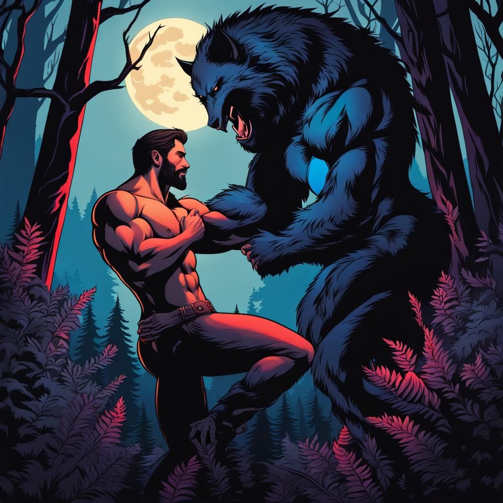 Romantic Werewolf Embrace in Forest