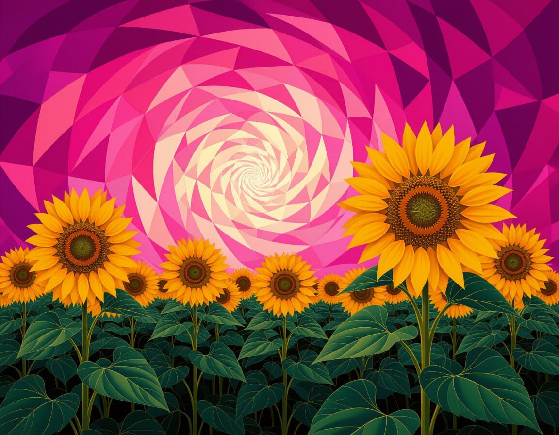 Giant Sunflowers in Cubist Sky