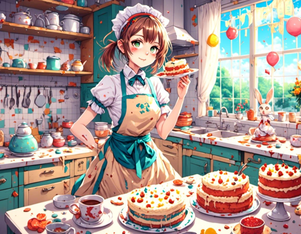 Anime Baker in Messy Cake Shop, Detailed Color Shading