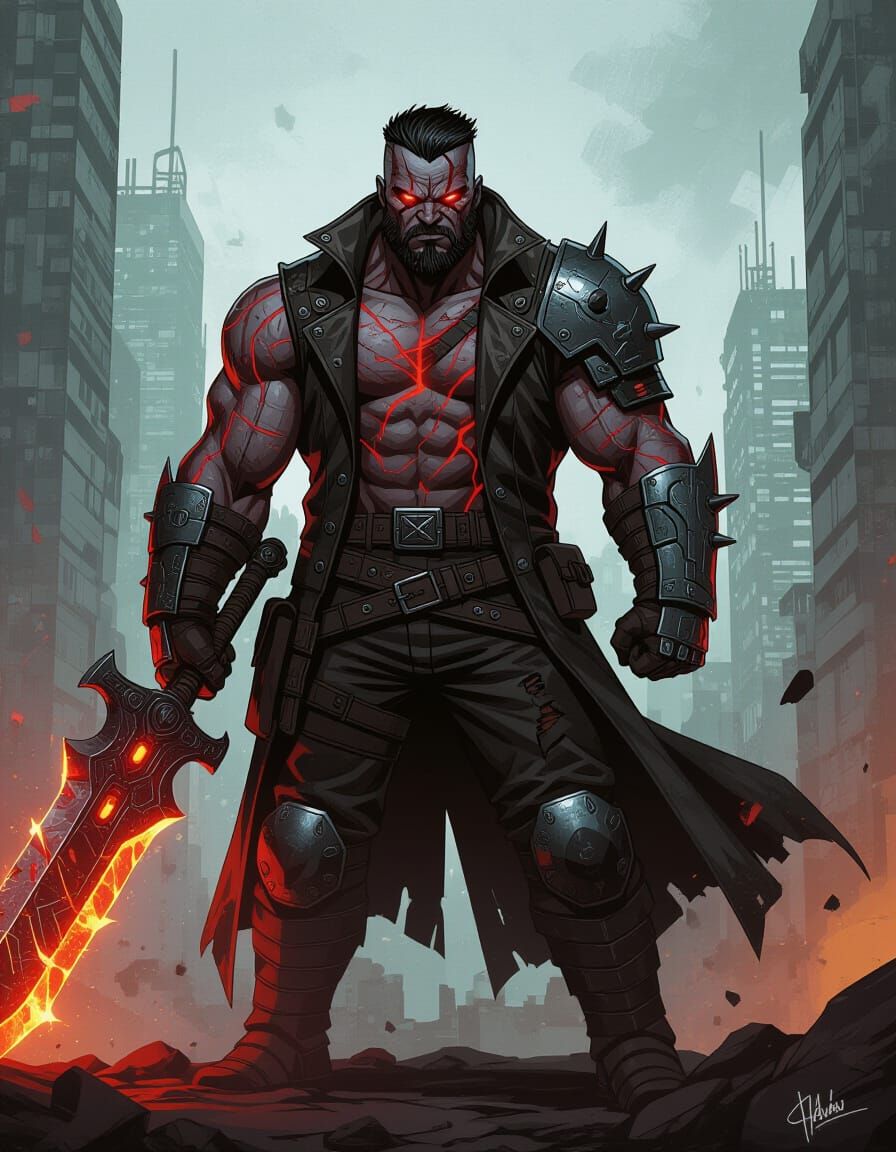 Rugged Anti-Hero with Bio-Armor and Energy Greatsword