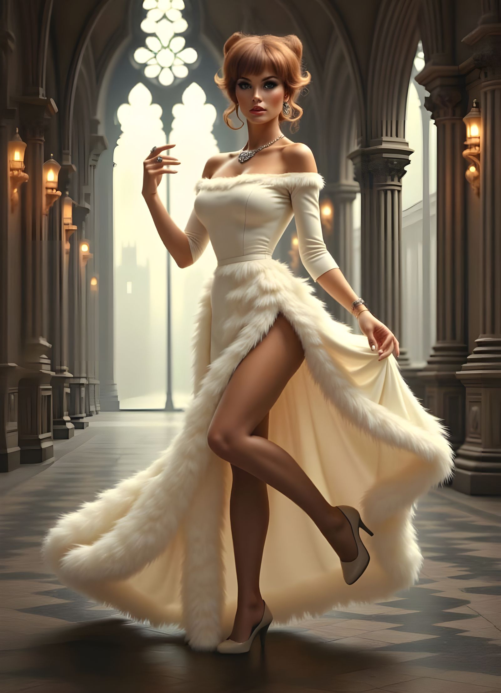 Feathered Gown in Gothic Cathedral