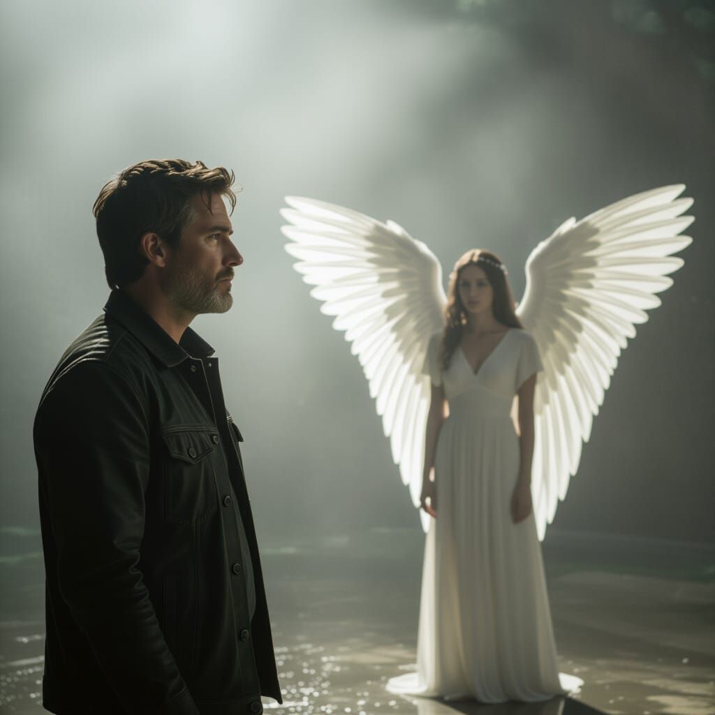 Man Contemplates Angelic Friend, Cinematic Film Still