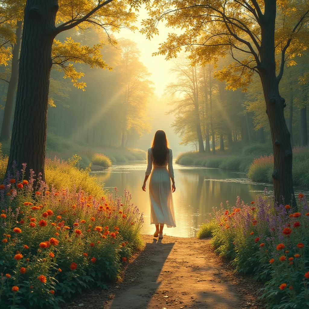 Serene Forest Trail at Sunset: Impressionistic Style