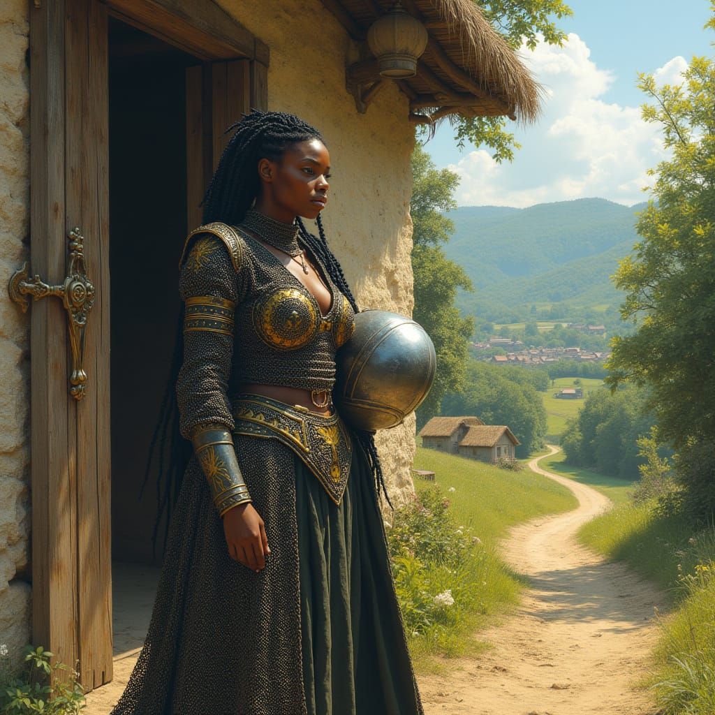 Majestic Warrior Woman Outside Rustic Church in Golden Light