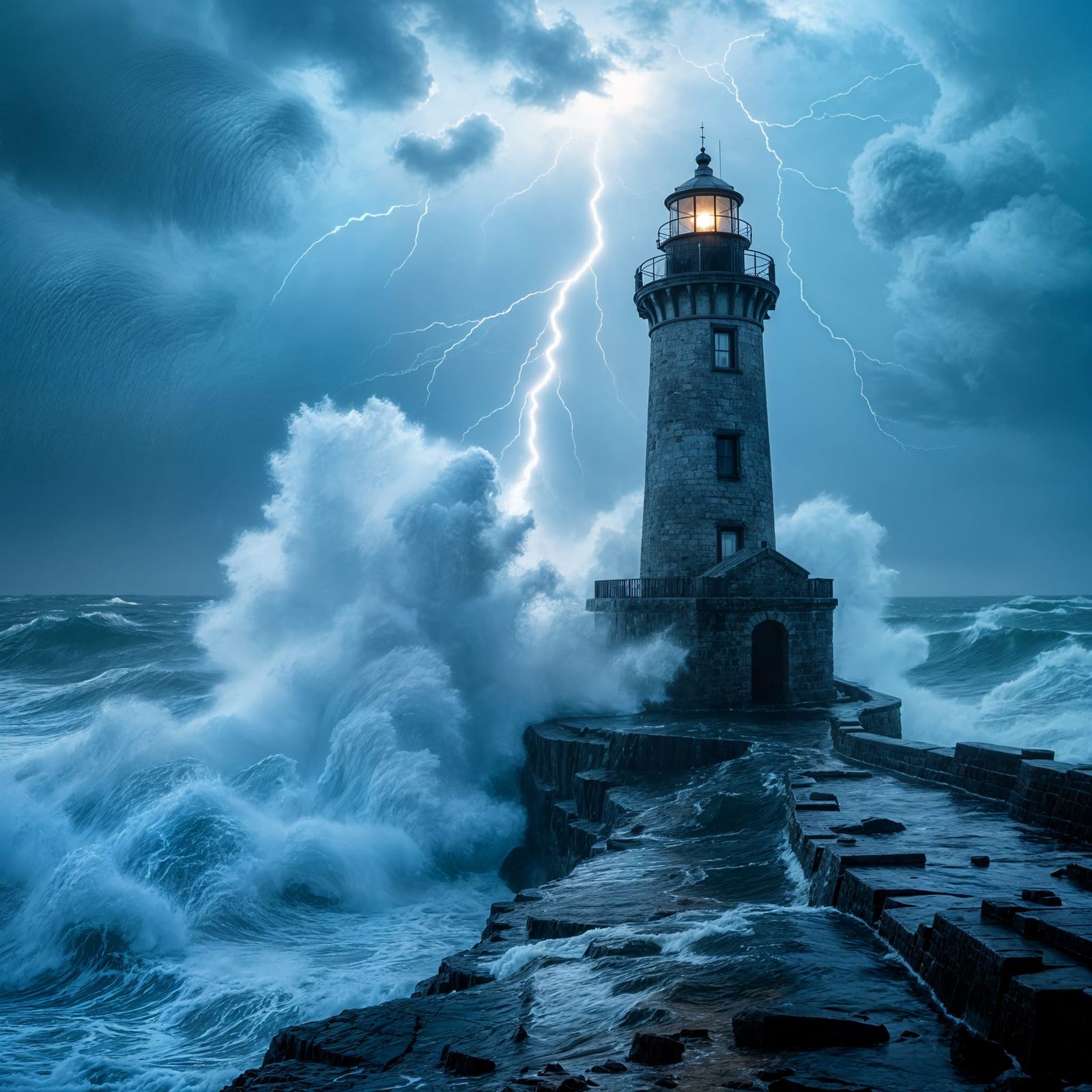Cinematic 8K: Ocean Waves Crash on Lighthouse in Storm