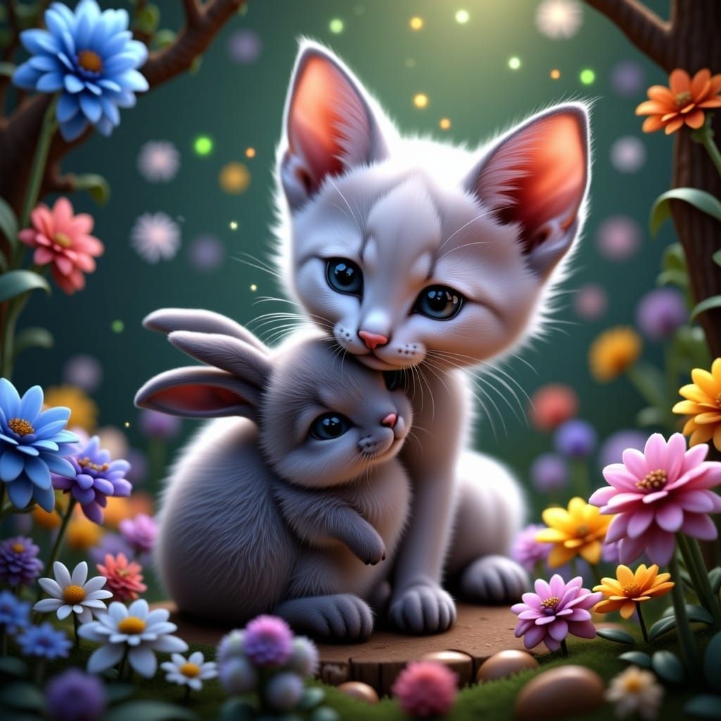 Kitten and Rabbit Cuddle: Detailed Matte Painting
