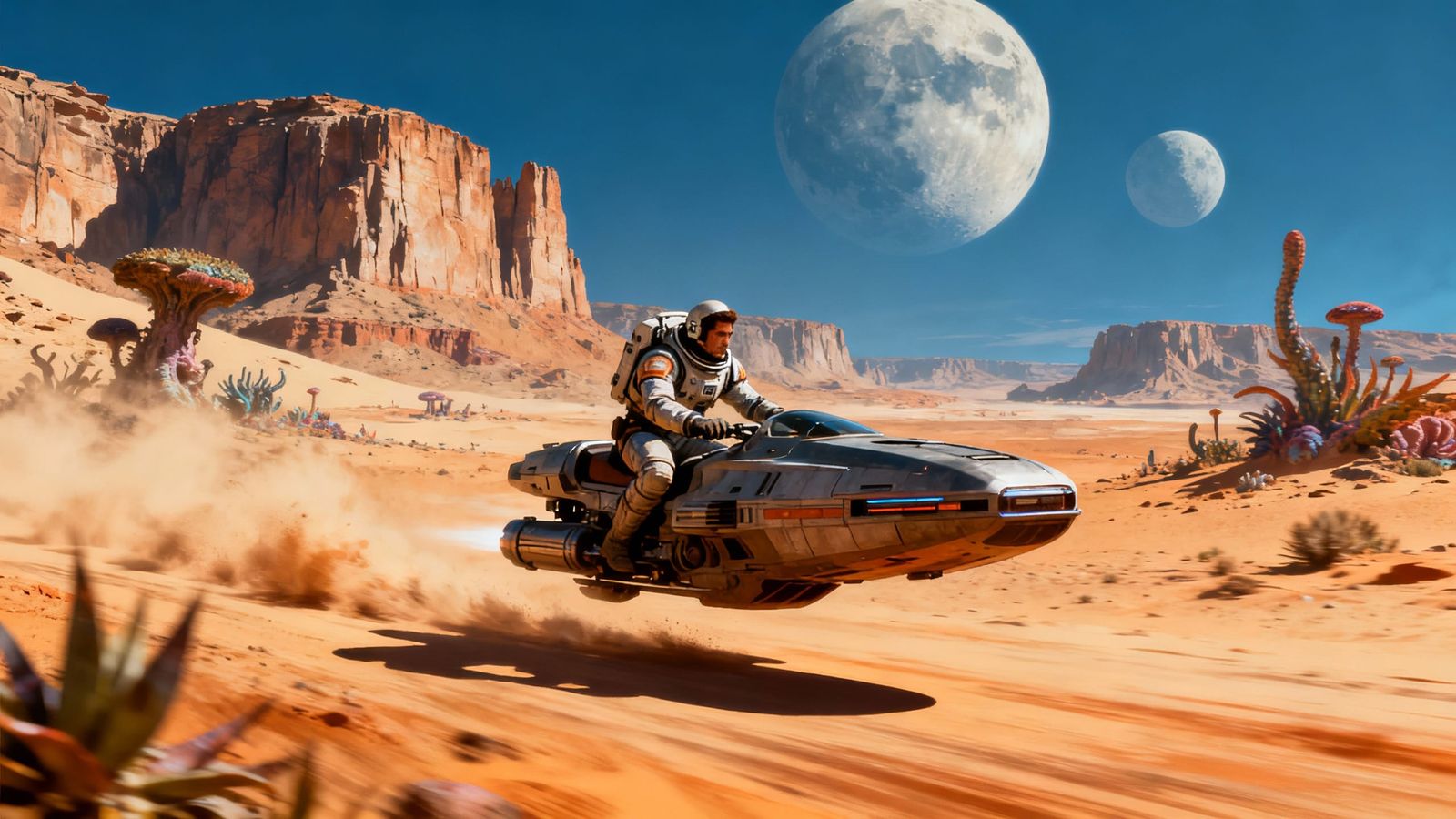 Futuristic Speeder Race on Alien Planet with Two Moons