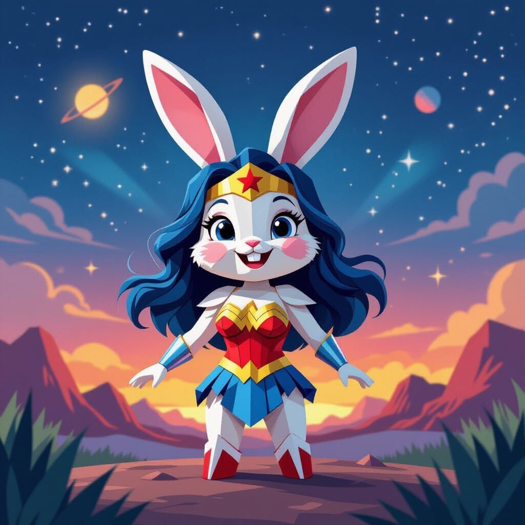 Wonder Woman Paper Rabbit in Space, Digital Art