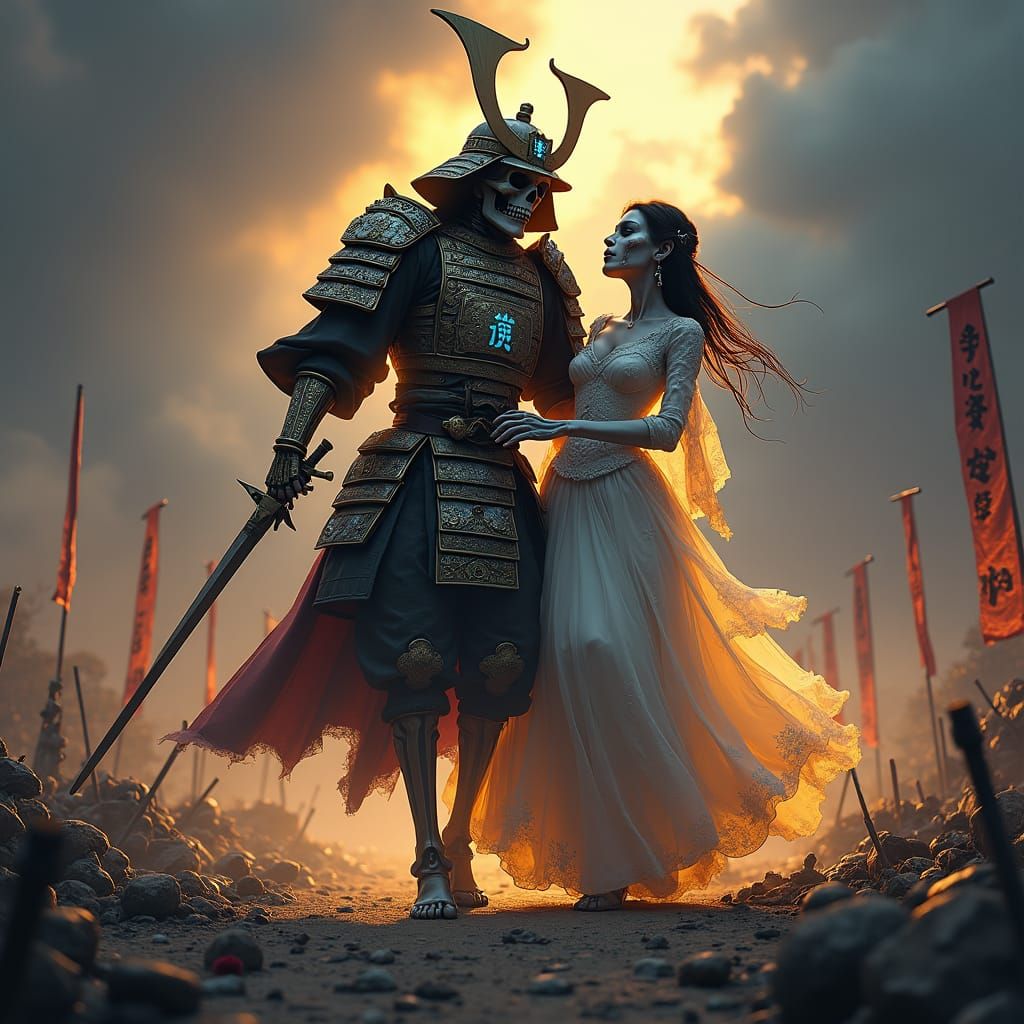 Samurai Skeleton Carries Zombie Bride Through Battlefield